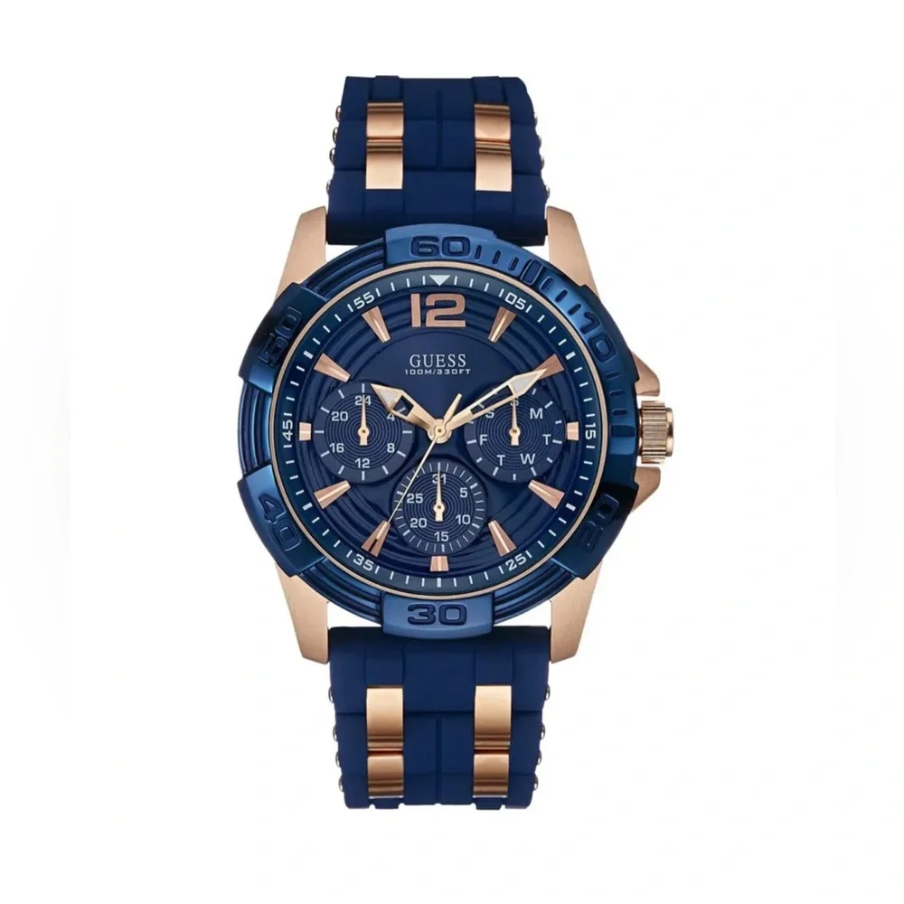 Guess Rose Gold Stainless Steel Blue Silicone Strap‎ Men Watch W0366G4